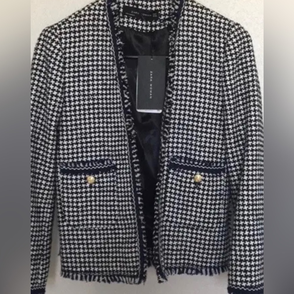ZARA NWT HOUNDSTOOTH TWEED NAVY AND WHITE BLAZER